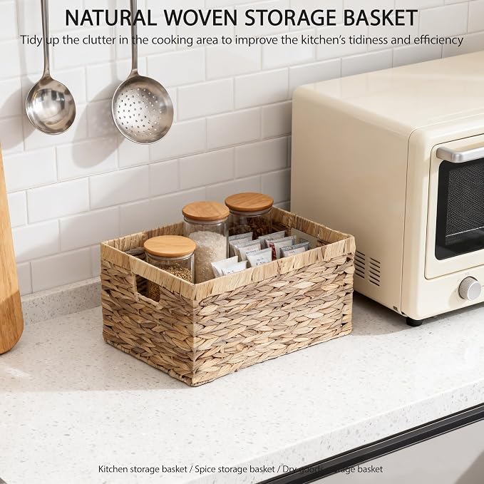 Woven Natural Water hyacinth basket Rectangular organizer basket with Handle for Desktop, Bathroom, Entryway,Kingwillow.(Small) - Image 6