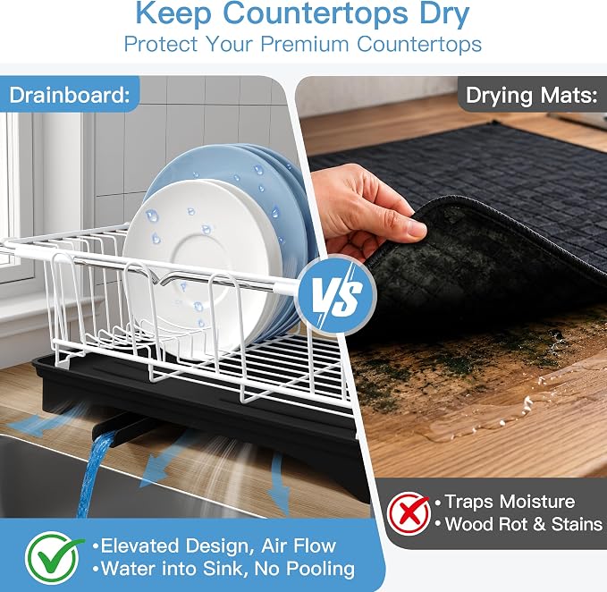 JASIWAY White Dish Drying Rack in Sink with Drainboard and Utensil Holder | Use Over the Sink or Counter, Stainless Steel Expandable Dish Drainer for Small Kitchen, Space Saving, Fast Drain, Rustproof - Image 4