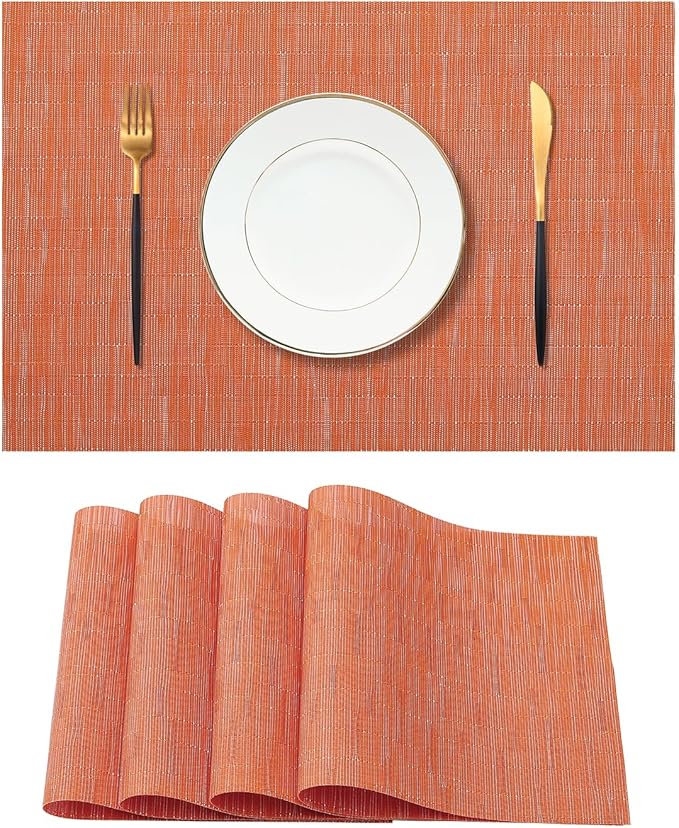 Leetaltree Orange Placemats Set of 4 - Heat Resistant Non-Slip Place mats for Dining Table, Washable Durable PVC Vinyl Woven Table Mats（Orange, 4） by Leetaltree-ArtatEveryTable