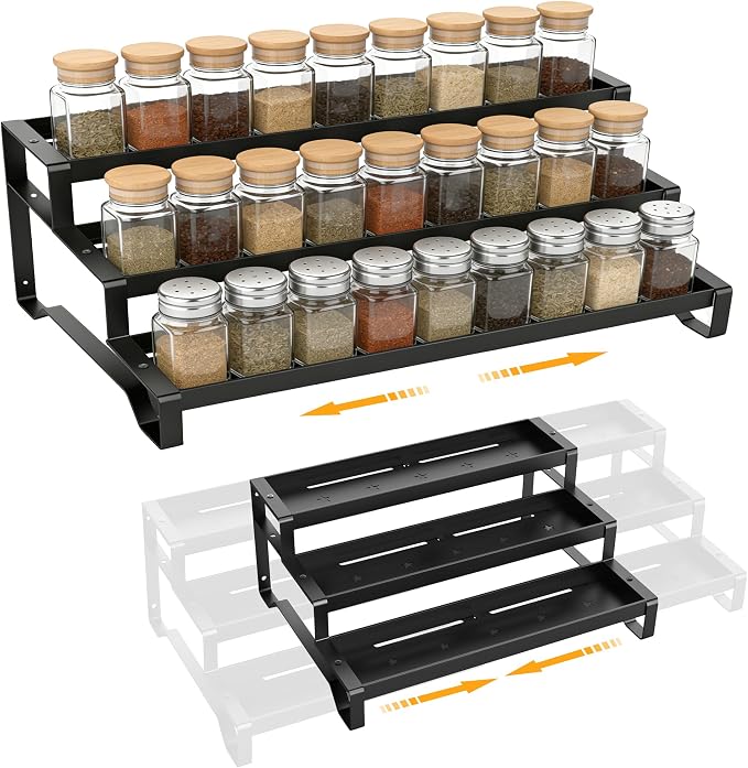 Spice Rack Organizer for Cabinet, 13-21.5" Expandable Spicy Shelf | 3-Tier Metal Seasoning Organizer, Kitchen Spice Organization, Slip-Resistant Guardrails for Jars, Bottles and Cans, Black by PEEKUP