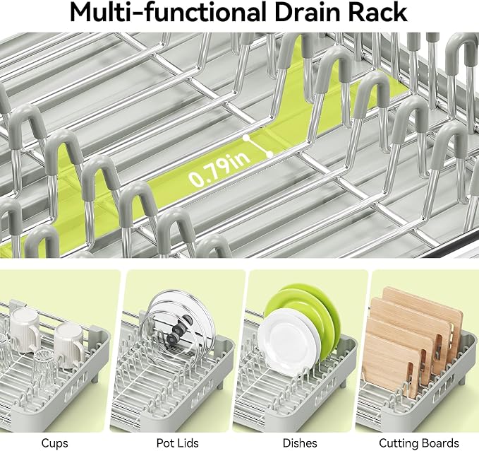 Urackify Extendable Stainless Dish Drying Rack for Kitchen Counter | 13.78"W x 18.7"L, Foldable Drainboard for Space Saving, Knife and Utensil Holder, Fast-draining Spout, Soft Celery Green - Image 5