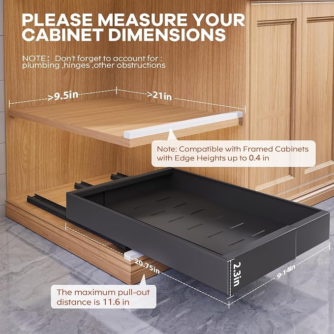 Seinloes 2 Pack Expandable (9"-14") Pull Out Cabinet Organizer 21" Deep With Raising Pad for Framed Cabinets,Upgrade 3 Slide Rails Slide Out Drawers,No Drill Roll Out Shelves Adhesive,Black - Image 3