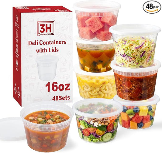 16oz Deli Containers with Lids (48 Sets) Plastic Pint Containers With Lids, BPA Free Microwave Safe Leakproof Stackable Freezer Containers With Lids for Overnight Oat, Food Storage by 3HCORPORATION