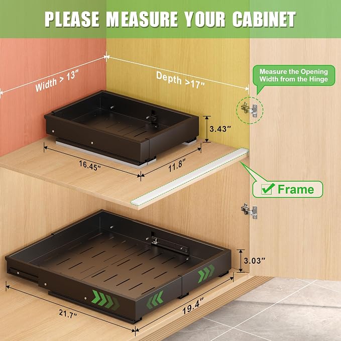 2 Pcs Pull Out Drawers for Cabinets Organizer Expandable Width(11.8"-19.4"), Depth(16.45"-21.7") With 3 Rails, No Drill Roll Out Drawer, Adhesive Sliding Drawers for Kitchen Pantry Storage (Black) - Image 2
