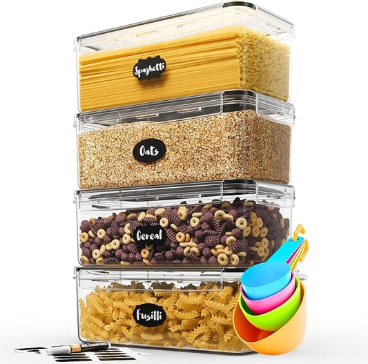 Chef's Path Airtight Food Storage Containers with Lids (Set of 4/3.6 Liters Each), Plastic Spaghetti Container for Pasta & Dry Food Storage, BPA Free Pantry Organizer Set with Kitchen Accessories by ChefsPath