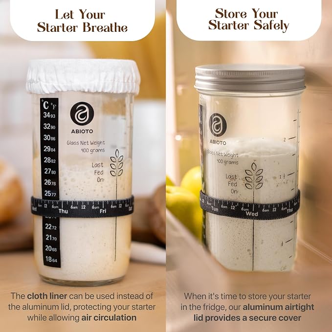 ABIOTO Sourdough Starter Kit with Banneton Bread Proofing Basket, 21 Pieces | Sourdough Tools for Home Bakers - Round Rattan Basket with Liner & Sling, Dough Mat, Jar, Lame, Whisk, Dough & Bowl Scrapers - Image 2