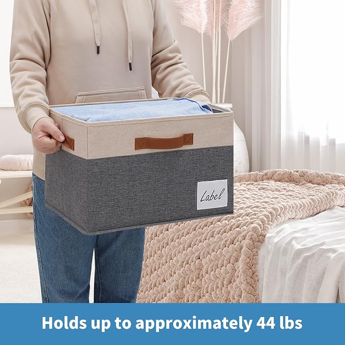 GhvyenntteS Fabric Storage Bins with Lids 3 Pack, Large Fabric Storage Baskets with Lid and Handles, Foldable Closet Organizers and Storage boxes with Label Window for Home (Beige, 15" x 11" x 9.7") - Image 2