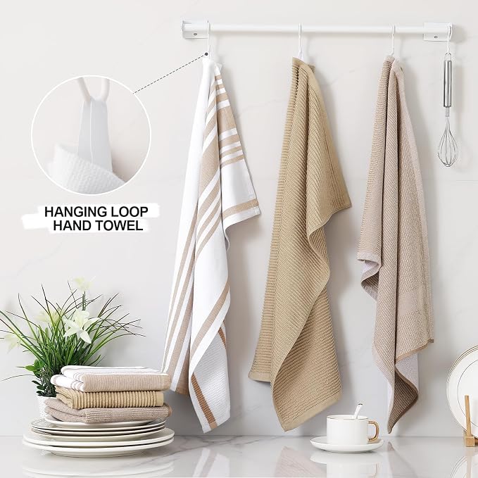 Homaxy Cotton 380 GSM Premium Kitchen Towels, 18"x 28", 6 Pack, Khaki | Soft and Absorbent Terry Dish Towels, Multipurpose Tea Towel Set with Hanging Loop, 3 Styles Kitchen Hand Towels - Image 3