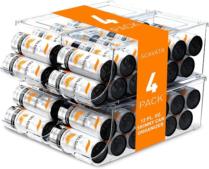 SCAVATA 4 Pack Skinny Can Organizer for Refrigerator, Stackable Tall Skinny Soda Pop Can Holder Dispenser with Lid for Fridge Pantry Rack Freezer, Clear Plastic Storage Bins-Holds 12 Slim Cans Each by Tidyyourlife