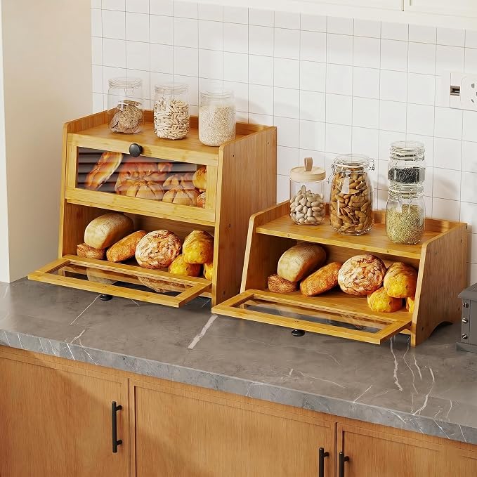 BAMBANG Bread Box for Kitchen Countertop, Bamboo Bread Box for Homemade Bread, Wooden Farmhouse Bread Storage Container, Large Breadbox Bread Bin Organizer for Counter Cabinet Pantry, Natural - Image 4
