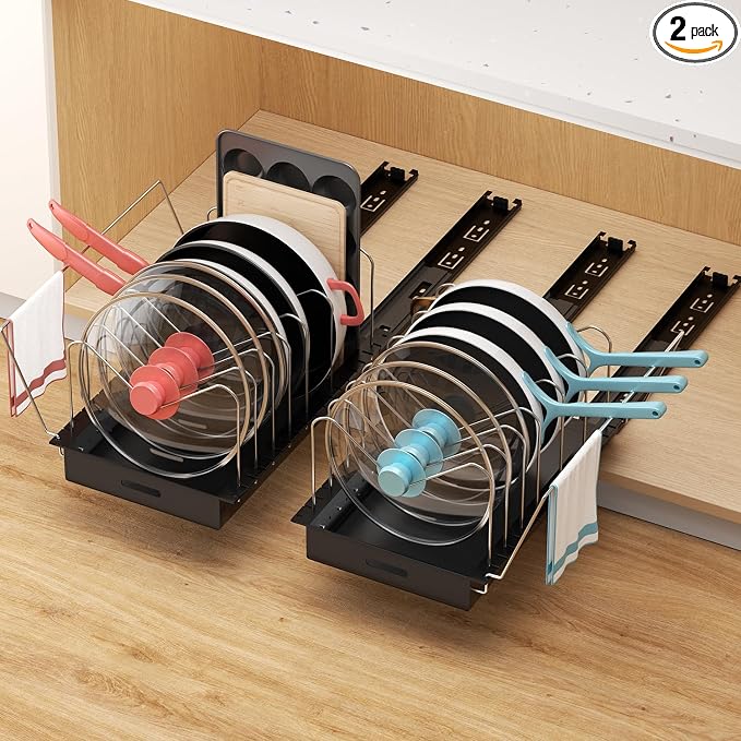 Pots and Pans Organizer Under Cabinet, Pot Lid Holder, 2 Pack | No Drill Slide-Out Pan Organizer with Adjustable Dividers & Handle Bracket, Pan Storage Inside Cabinet for Kitchen by Golener