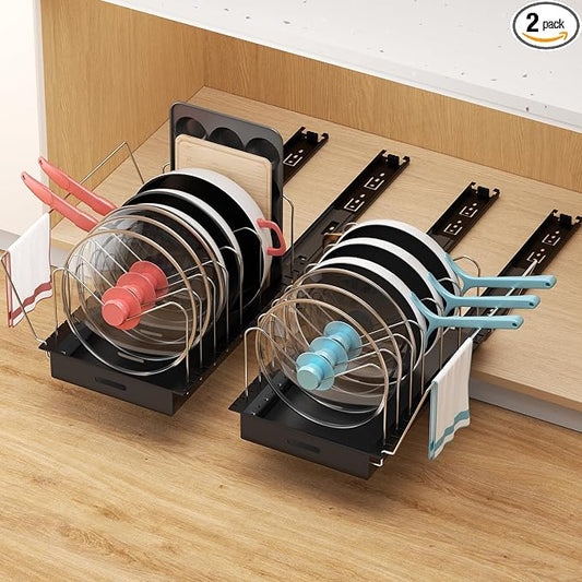 Pots and Pans Organizer Under Cabinet, Pot Lid Holder, 2 Pack | No Drill Slide-Out Pan Organizer with Adjustable Dividers & Handle Bracket, Pan Storage Inside Cabinet for Kitchen by Golener