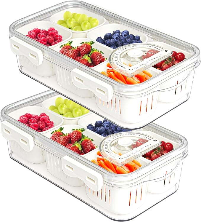 2Pack Divided Food Serving Tray with Lids Stackable Snackle Box for Candy Nuts Spice Fruit&Veggie Container with 6 Small Dividers Plastic Storage Bins for Fridge Pantry Freezer by MineSign