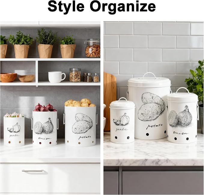 Kitchen Potato and Onion Storage Bin,Metal Vegetable Storage Bins Set of 3 with Aerating Holes and Lids,Farmhouse Canisters Sets for the Kitchen Countertop (1, Circular) - Image 6