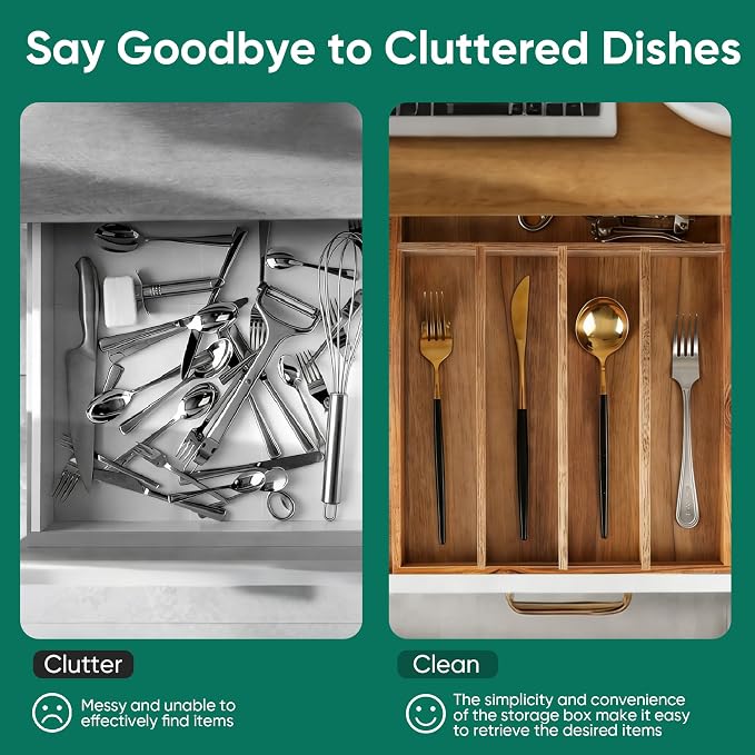 Acacia Wood Silverware Drawer Organizer, 5-Compartment Cutlery Tray | Fixed 10.08 x 13.78 x 1.97 in acacia wood tray with 5 compartments, reinforced base, and four anti-slip corner pads - Image 6