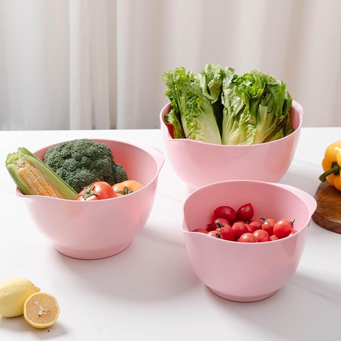 Nesting Melamine Mixing Bowl Set with Pour Spouts, Set of 3, Nesting Design Saves Space, Non-Slip, Size 2, 2.9 and 3.9qt, for Prepping, Mixing, Baking, Cooking, Pink - Image 5