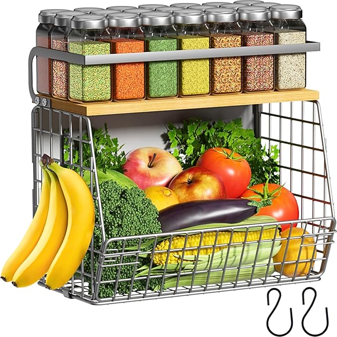 Magnetic Fridge Shelf with Wood Lid, Fruit Potato Onion Storage Bins, Pantry Organizers, Large Container Spice Rack for Refrigerator, Kitchen Counter, Cabinet (1, Silver) by Ofiray-home