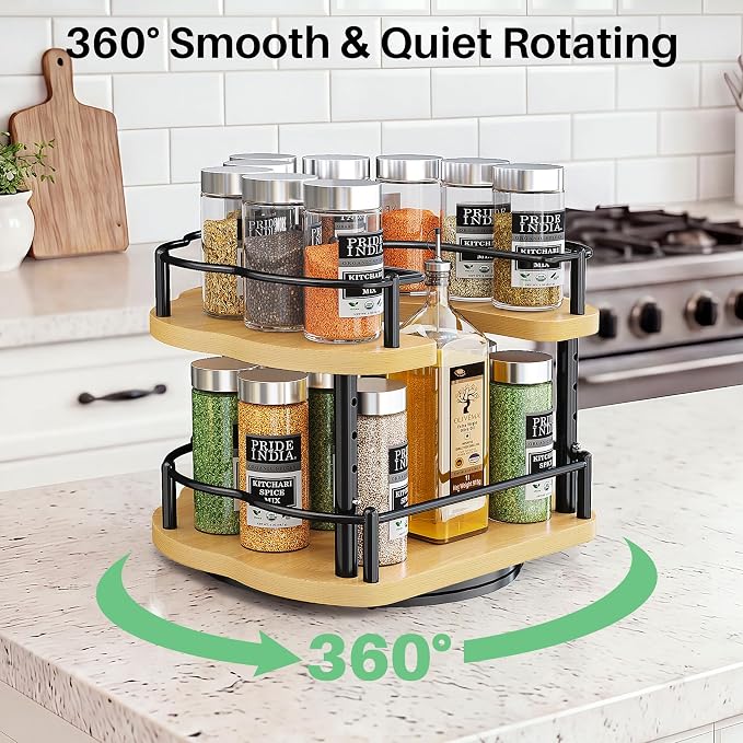 SNTD Lazy Susan Organizer Spice Rack - Spice Organization for Cabinet Height Adjustable Rotating Lazy Turntable, Pantry Kitchen Wood Revolving Seasoning Organizer (Natural, 9 Inch) - Image 4