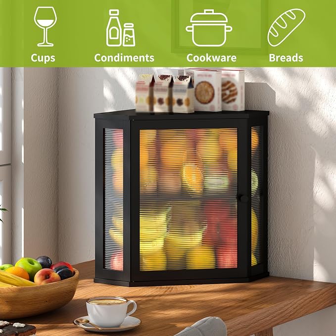 BMOSU Corner Bread Box for Kitchen Countertop Double Layer Bamboo Wooden Bread box Large Capacity Bread Storage Bin(Black, Extra Large) - Image 6