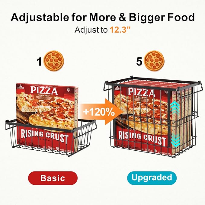 Freezer Organizer Bins - Height-Adjustable Holds 12" Pizza, 4 Pack | Extra Large, Stackable For 5 to 7 Cu. Ft Chest Freezers, Easily Sort and Get Frozen Foods with Handles, No Digging, Black - Image 3