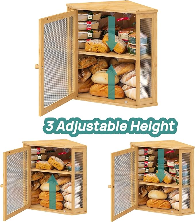 viewcare Corner Bread Box for Kitchen Counter, Bamboo Wood Large Capacity Bread Storage Bin with Acrylic Wavy Door Panel (Natural, Extra Large) - Image 5