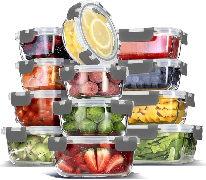 EATEX 24pc Glass Storage Containers with Lids, 12 Glass Food Storage Containers with 12 Airtight Lids for Pantry & Kitchen, Meal Prep Containers for Lunch, Oven Freezer Microwave & Dishwasher Safe by Eatex