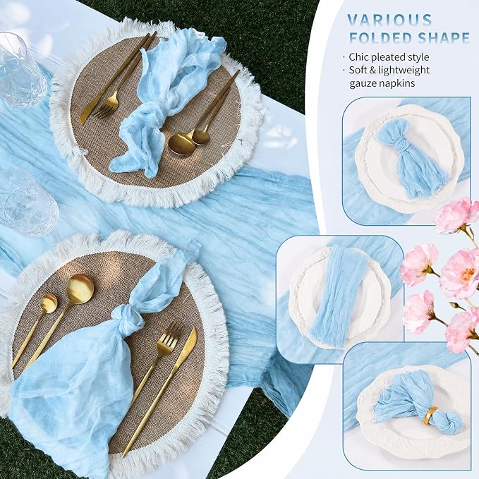 50 Pack Light Blue Cheesecloth Napkins 20"x20" Boho Washable Cloth Napkins Set of 50 Wrinkled Cheese Cloth Napkins Gauze Dinner Table Napkin for Wedding Baby Shower Birthday Party Decor - Image 6