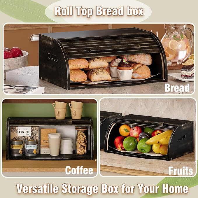 Trironsun Bamboo Roll Top Bread Box for Kitchen Countertop Large Capacity Bread Storage Bin Wooden Bread Storage Organizer Natural Breadbox for Food Storage (Antique Black) - Image 9