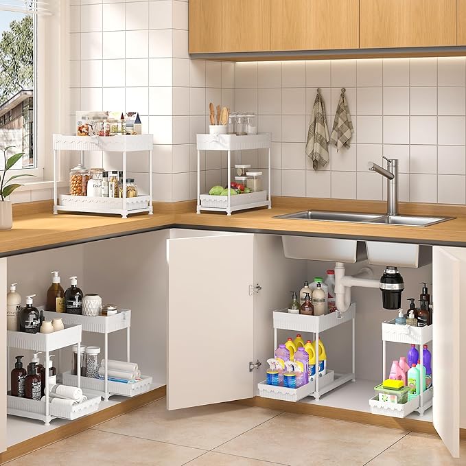 4-Pack 2-Tier Under Sink Organizer with Pull Out Drawers | Multi-use kitchen & bathroom storage. Includes hanging hooks and cups. White, space-saving cabinet design. 14.8 Inch - Image 5