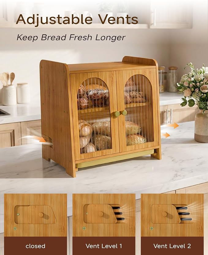 Bread Box for Kitchen Countertop, Large Double Layer Wooden Bread Storage Container with Acrylic Window, Adjustable Air Vents & Built-In Cutting Board, Pantry Organizer - Image 4