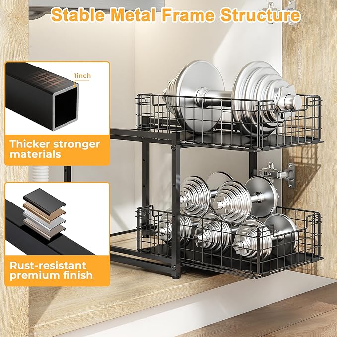 Under Sink Organizer, 2-Tier Pull Out Cabinet Organizer, Kitchen Bathroom Organizer and Storage, Spice Rack for Kitchen, Multi-use Sliding Drawers Shelves (1, Black) - Image 8