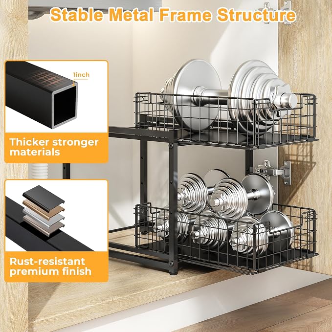 Under Sink Organizer, 2-Tier Pull Out Cabinet Organizer, Kitchen Bathroom Organizer and Storage, Spice Rack for Kitchen, Multi-use Sliding Drawers Shelves (1, Black) - Image 8