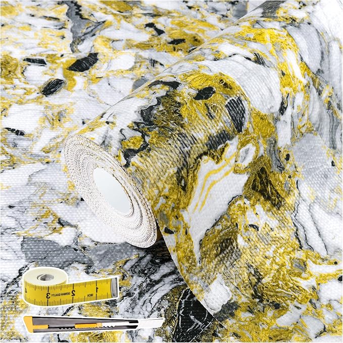 Drawer and Shelf Liner - Yellow Black Marble Pattern,Non Adhesive | Non Slip Waterproof Easy-Clean Liner for Kitchen Cabinet, Refrigerator, Bathroom, Pantry Storage Drawers, 12 in x 20 Ft by Kimhan