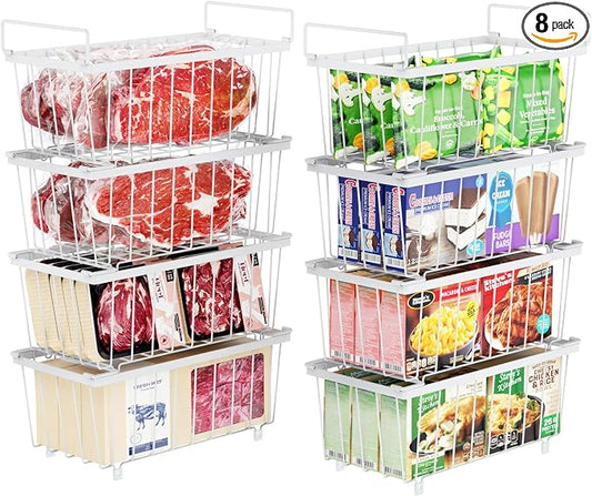 Deep Freezer Organizer Bins - Small Baskets for 7 Cu.Ft, 8 Pack | Easy Access Handles, Stackable Deep Freezer Wire Baskets, Vertical Space Sorts for Frozen Meat, Vegetable and Bagged Items by iSPECLE