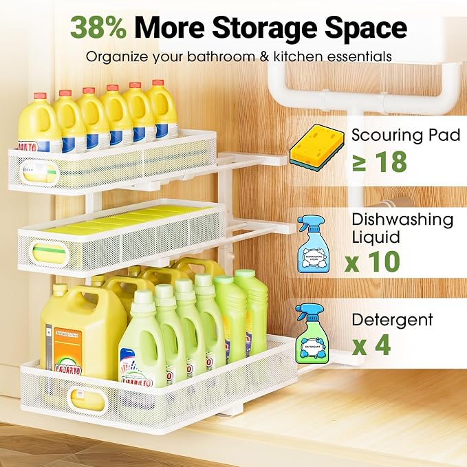 Under Sink Organizer 3 Tier, 2 Pack L-Shaped Pull-Out Cabinet Organizer with Sliding Metal Mesh Drawers, Height Adjustable Under Sink Storage Rack for Kitchen Bathroom Cabinet, White - Image 7