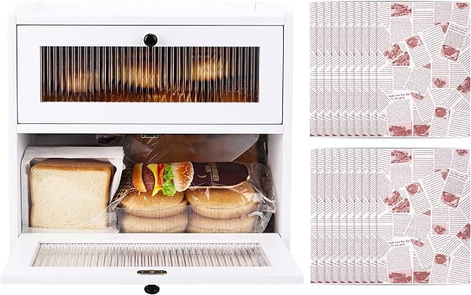 Alpeir Wooden Bread Box for Kitchen Countertop, Large Double Layer, White | Food-Safe Pine Wood, Double-Row Ventilation, Strong Acrylic Window, Raised Top Shelf, Easy Care, Farmhouse Corner Container by AlpeirDirect