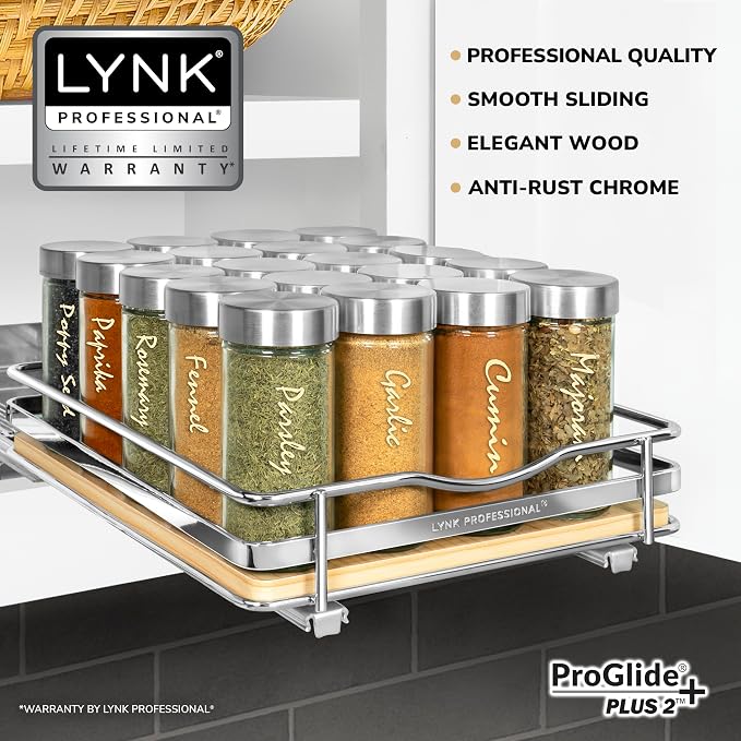 LYNK PROFESSIONAL® Élite™ Pull Out Spice Organization for Cabinets - 8-3/8 inch Wide – Spice Rack for Inside Cabinets – Wood/Chrome - Sliding Spice Rack Organizer for cabinet – Spice Rack - 1 Tier - Image 2