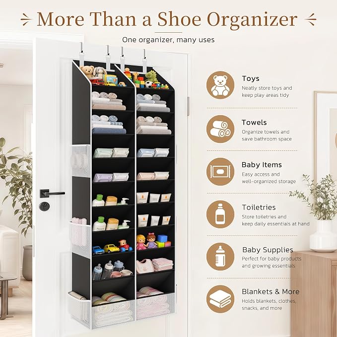 Over the Door Shoe Organizer, 20-30 Pairs Heavy-Duty Hanging Shoe Storage with Large Pockets, 10-Tier Door Shoe Rack with 4 Hooks for Sneakers Sandals Heels Boots (Black) - Image 7