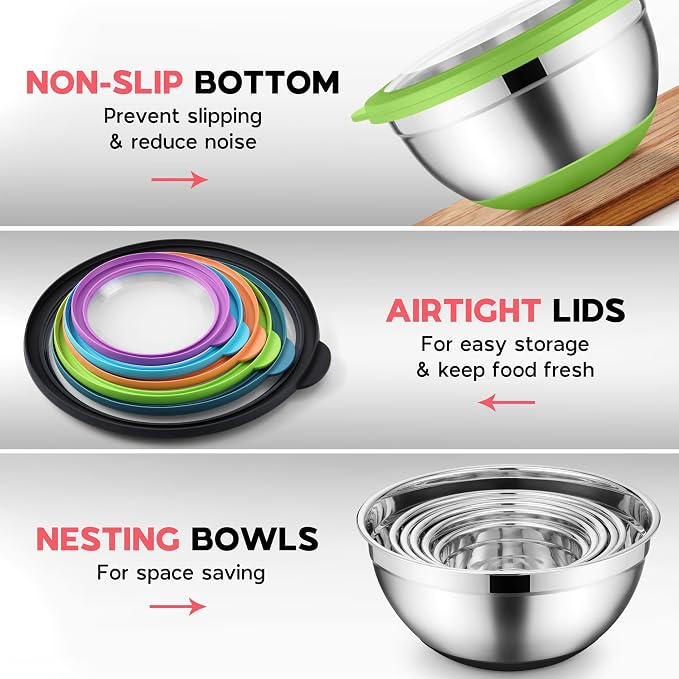 Onader Colorful Mixing Bowl Set of 6 for Kitchen, Large Stainless Steel Metal Nesting Mixing Bowls with Airtight Lids, Non Slip - Size 0.7, 1, 1.5, 2, 2.6, 4.6QT - Image 5