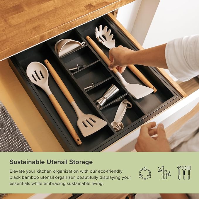 Utensil & Junk Drawer Organizer, 16-28 in, Black Bamboo | Food-safe contract grade, 100% sustainable wood, non-slip, adjustable - Image 5