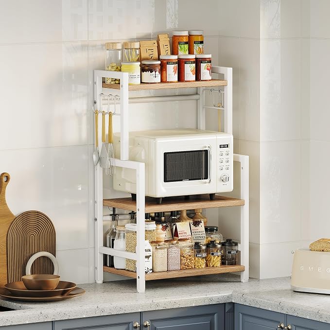 Kitchen Countertop Organizer, 3 Tier Large Spice Rack Organizer with Adjustable Shelf and 5 Hooks, Wooden Counter Organizer, Countertop Shelf Microwave Stand for Kitchen Coffee Bar, Light Coffee - Image 3