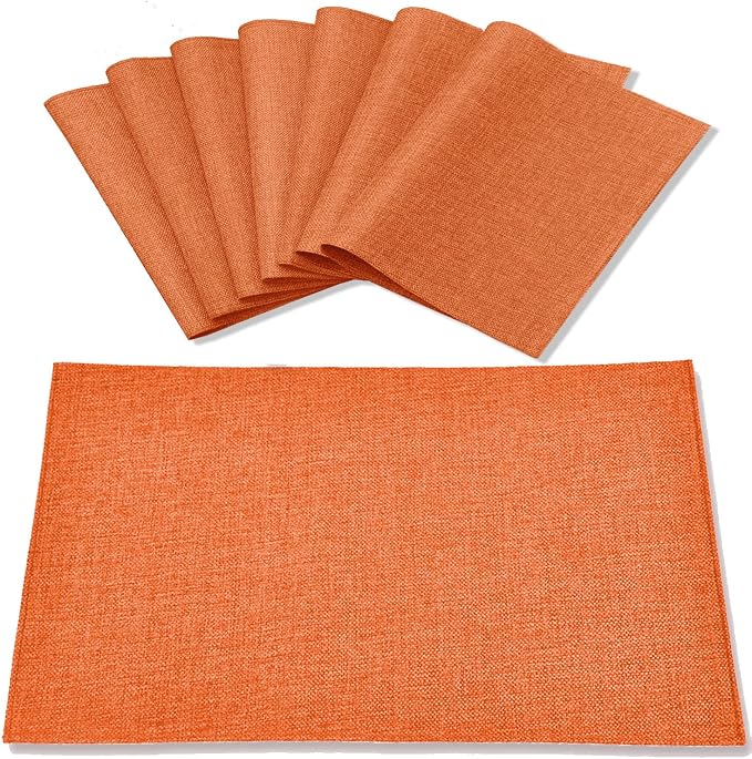 Linen Placemats Set of 8, Machine Washable, Heat Resistant, Wrinkle Free, Thick Polyester Kitchen Place Mats for Dining Table (Orange) by Rinpon