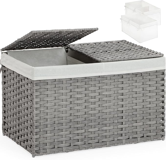 SETVSON Storage Basket with Lid Wicker Baskets for Storage, 160L Gray | Dual Lid Jumbo Blanket Storage Trunk, Divided Clothes Organizer, 2 Washable Liner Bags, Collapsible PE Rattan Bin by SETVSON