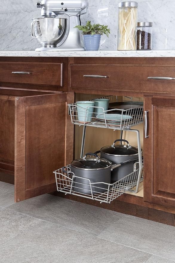 ClosetMaid 14 in. Pull Out Cabinet Organizer, 2 Tier, Heavy Duty, Slide Out Pantry Shelves Drawers for Kitchen, Bathroom, Nickel - Image 2