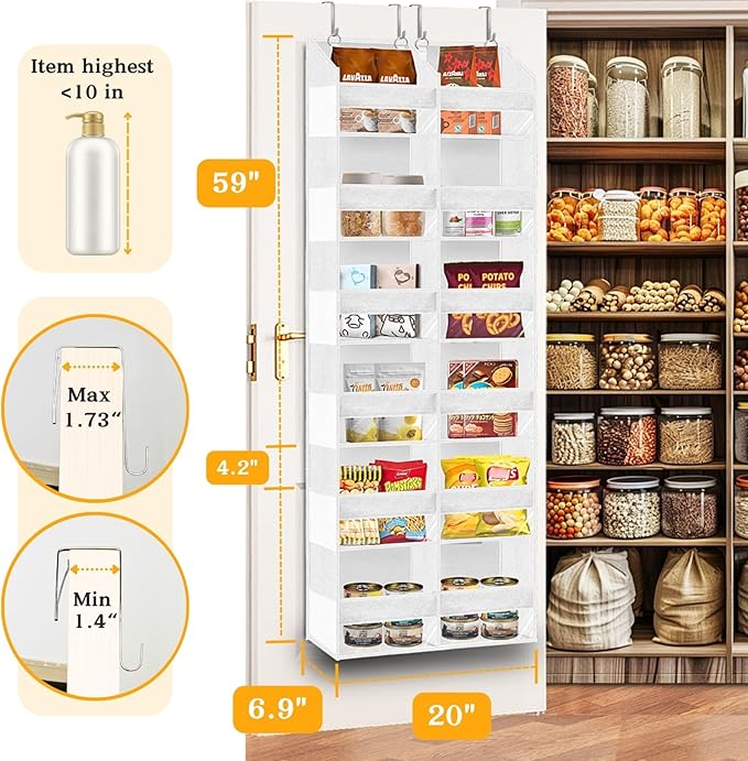 Over The Door Organizer 6 Tiers, Extra Large Behind Door Storage of 12 Compartments, 80 lbs Weight Capacity Hanging Storage Organizer with Clear Window Kids Toys, Shoes,Diapers, Room Storage, White - Image 2