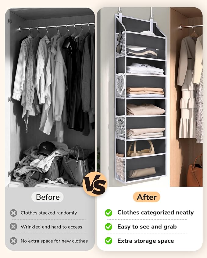 ULG 1 Pack Small Over Door Organizer with 4 Large Pockets 8 Mesh Side Pockets, Hanging Storage Organizer with Clear Window Kids Toys Deep Gray - Image 5