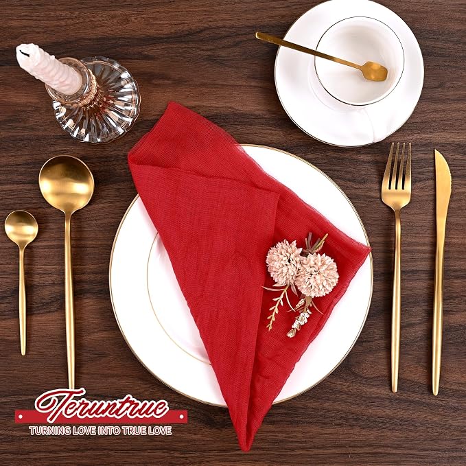 100 Pieces Cloth Napkins Red Dinner Cheesecloth Napkins for Wedding,Wrinkled Cloth Napkins Bulk for Home Party Rustic Table Decoration, 17 x 17 Inch - Image 4