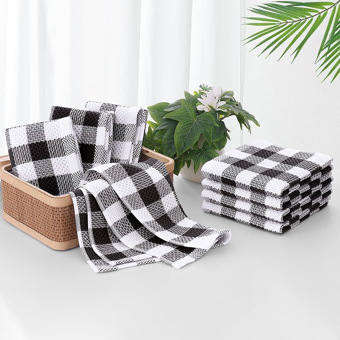 Homaxy Kitchen Towels and Dishcloths Set, Set of 8, Black & White | Bulk Cotton Waffle Weave Check Plaid Kitchen Towels, Super Soft and Absorbent Dish Cloths, 12 x 12 and 13 x 28 Inches - Image 7