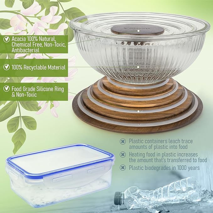 Stackable Space-Saving Set of 5 Nesting Glass Bowls with Acacia Lids for Foodprep, Storage, Mixing & Cooking - Microwave & Oven-ready BPA Free Durable Heat Resistant Inert Borosilicate Glass - Image 6