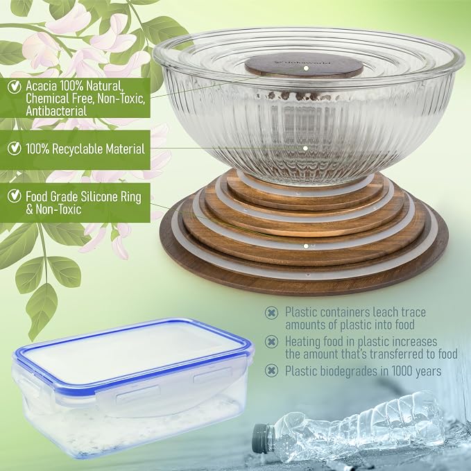 Stackable Space-Saving Set of 5 Nesting Glass Bowls with Acacia Lids for Foodprep, Storage, Mixing & Cooking - Microwave & Oven-ready BPA Free Durable Heat Resistant Inert Borosilicate Glass - Image 6